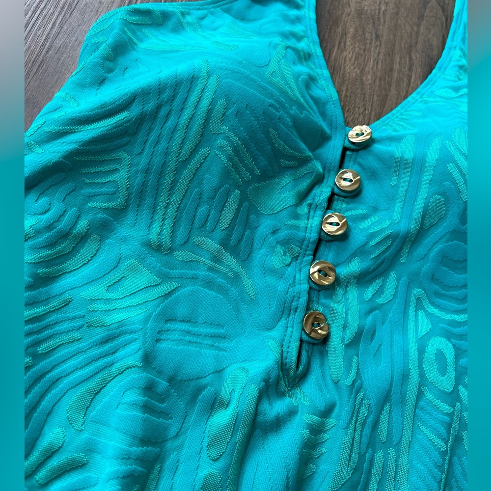 ST. JOHN SWIM Teal Textured V-Neck One Piece Henley Swimsuit Luxury Designer 10 - Picture 6 of 14